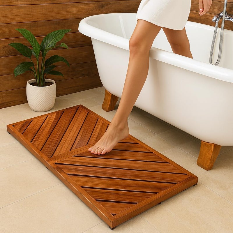 promitop Teak Wood Bath Mat for Bathroom - (33" x 16.5") Anti Slip Square Shower Mat Wooden Floor Mats for Outside Inside Shower Bathtub Luxury Spa Home or Outdoor - Image 5